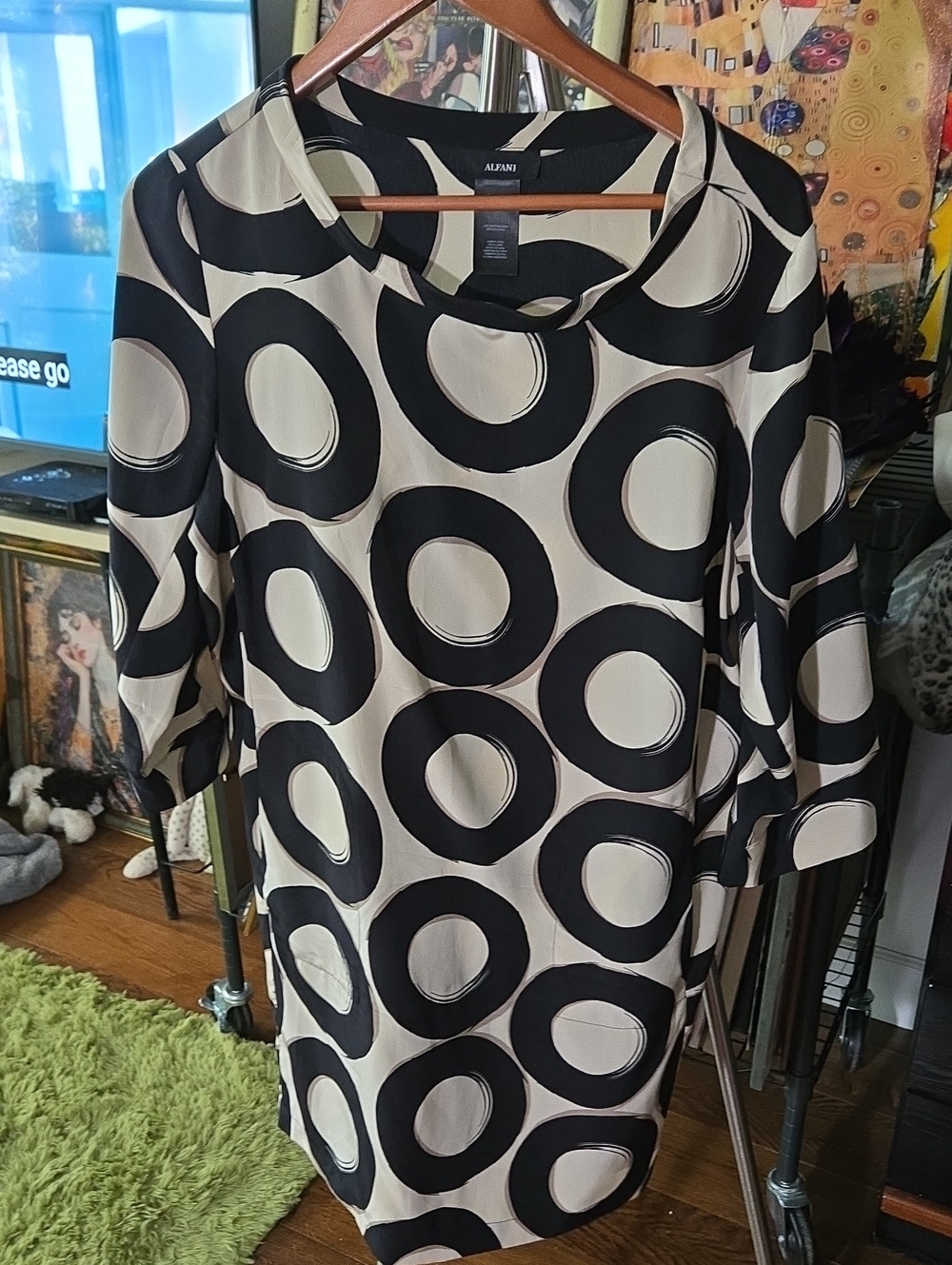 Alfani Black and Cream Circle-Print Midi Dress